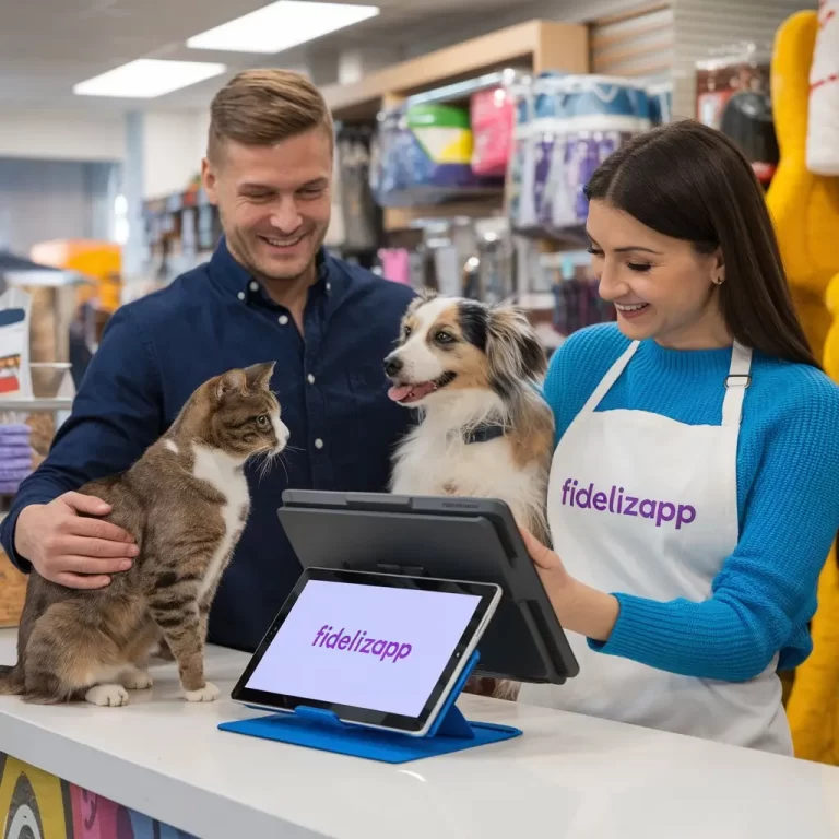 Tablet exibindo o FidelizApp em um balcão de restaurante, com cliente digitando número de celular para acumular pontos.