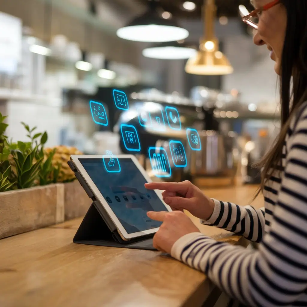 Cliente digitando número de celular em tablet no balcão para acumular pontos.