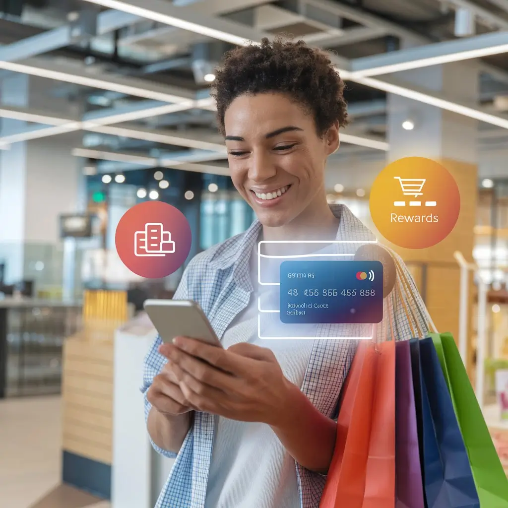 Cliente sorridente segurando um celular com programa de fidelização de clientes em exibição.