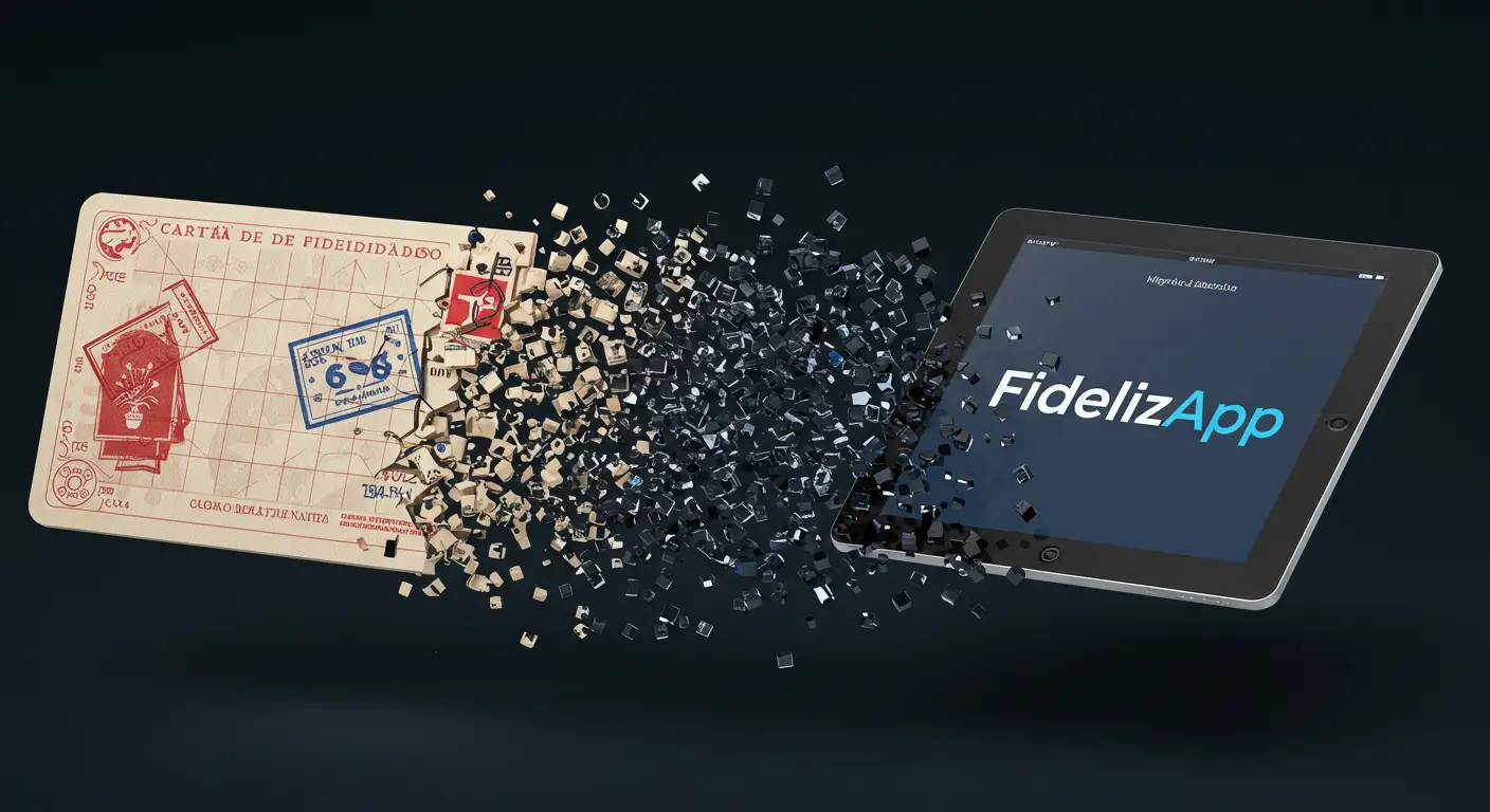 Cartão de fidelidade rasgado com divisórias e carimbos ao lado de tablet com FidelizApp.