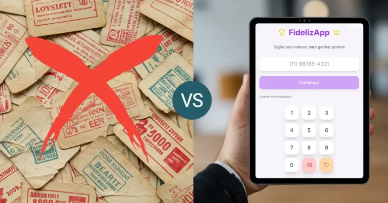 Cliente digitando seu número em um tablet para registrar pontos no FidelizApp, substituindo o modelo de cartão fidelidade físico