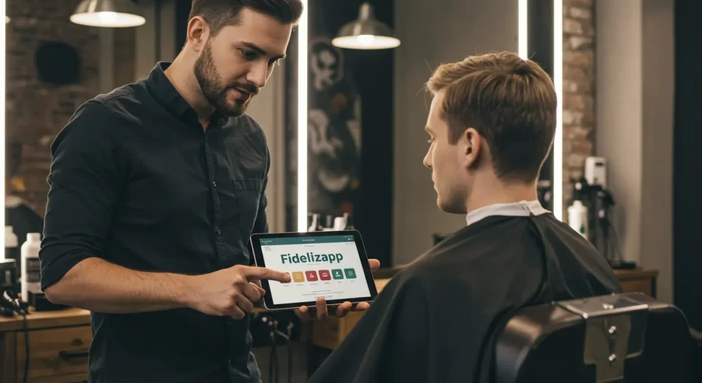 Atendente de barbearia apresentando o Fidelizapp em um tablet para cliente interessado