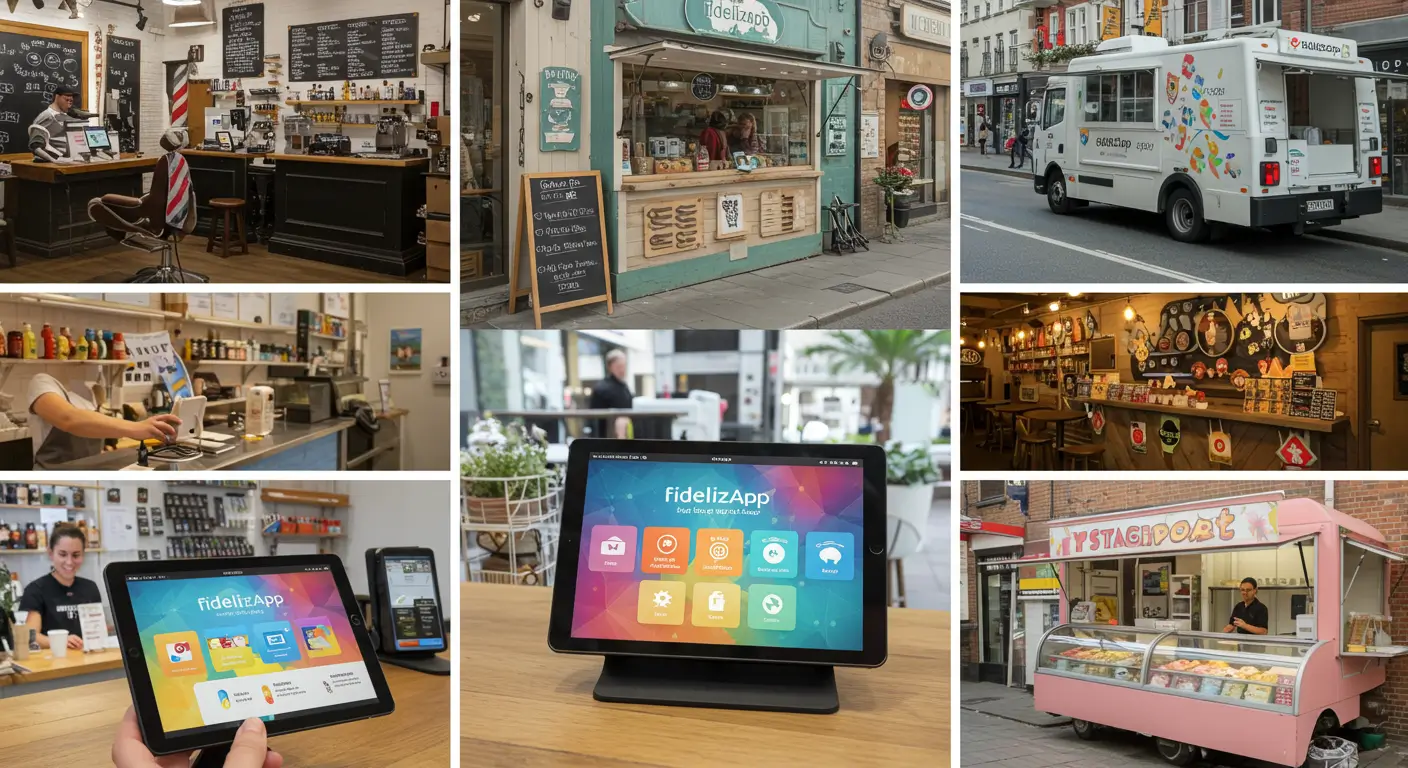 Comércios utilizando tablet com FidelizApp no balcão, incluindo barbearia, pet shop, food truck, restaurante e sorveteria
