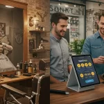 Imagem ilustrando a transformação de uma barbearia tradicional para um modelo moderno com fidelização digital. De um lado, um barbeiro atende um cliente em um ambiente clássico; do outro, um cliente acessa o FidelizApp em um tablet, destacando a modernização da experiência.