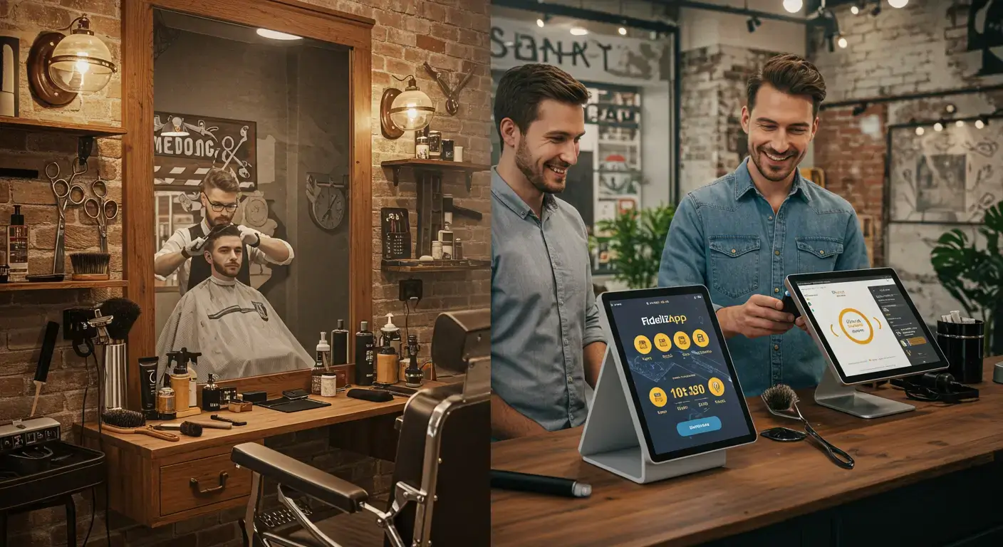 Imagem ilustrando a transformação de uma barbearia tradicional para um modelo moderno com fidelização digital. De um lado, um barbeiro atende um cliente em um ambiente clássico; do outro, um cliente acessa o FidelizApp em um tablet, destacando a modernização da experiência.