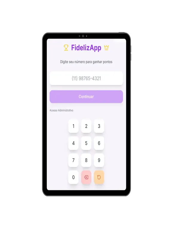 Tablet exibindo a tela inicial do FidelizApp, um sistema digital de cartão fidelidade.
