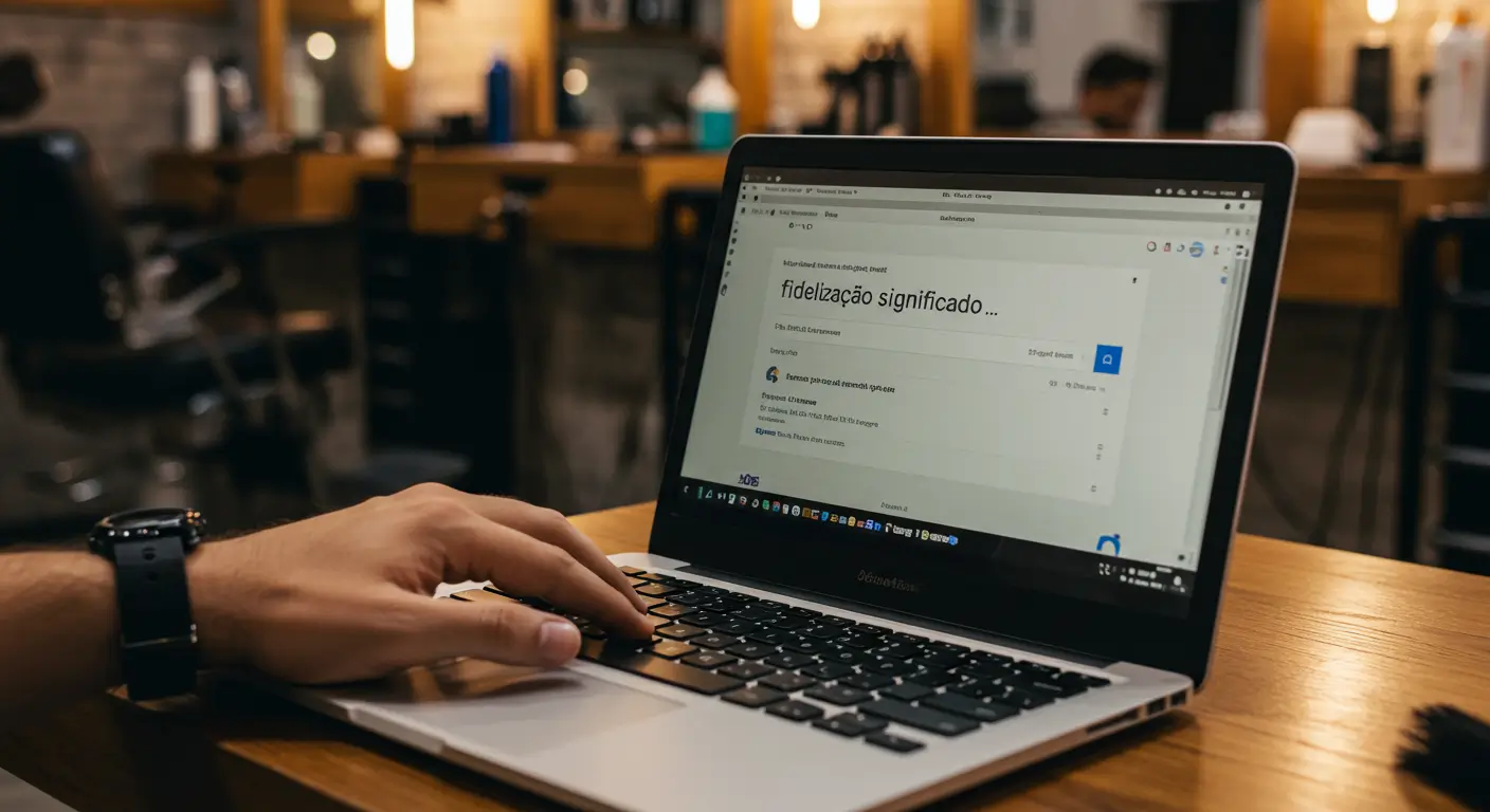 Pessoa digitando "fidelização significado" no Google em um notebook dentro de uma barbearia