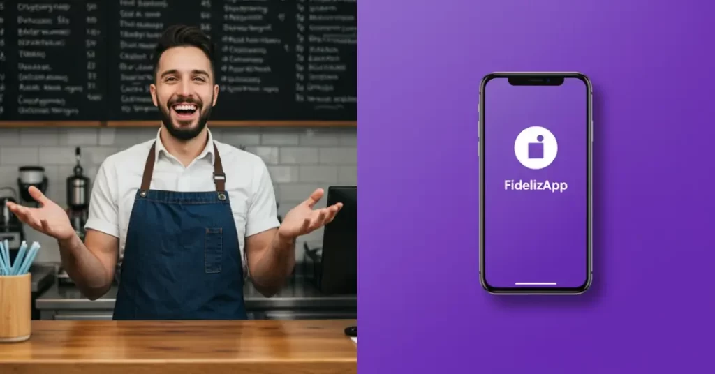 Dono de estabelecimento sorrindo no balcão, demonstrando satisfação com os resultados. Ao lado, um fundo roxo com um celular exibindo "FidelizApp", representando como a oração para atrair clientes e o uso da ferramenta ajudaram a fidelizar e aumentar as vendas.