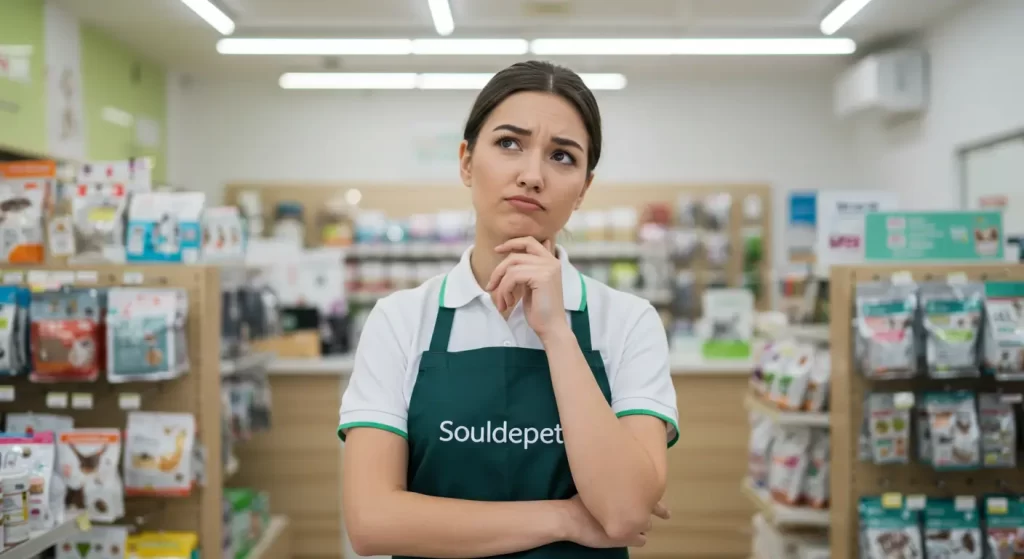 Atendente de petshop pensativa usando avental com a marca Souldepet, refletindo sobre o que é fidelização