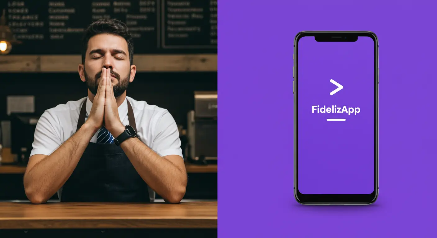 Dono de estabelecimento no balcão com os olhos fechados e mãos juntas em posição de oração, ao lado de um fundo roxo com um celular exibindo "FidelizApp", representando a transição de uma oração para atrair clientes para uma solução prática de fidelização.