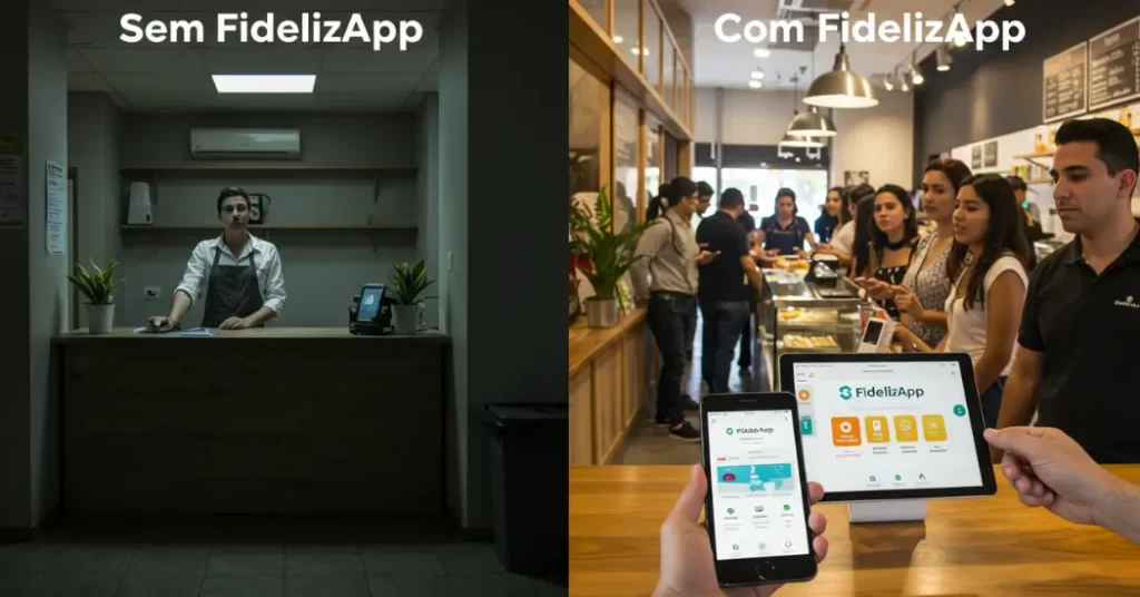 Comparação entre dois estabelecimentos: à esquerda, um local vazio e sem clientes com a legenda "Sem FidelizApp"; à direita, um estabelecimento movimentado com fila de clientes e um cliente usando o tablet do FidelizApp, demonstrando os benefícios da fidelização.